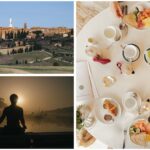 collage di tre immagini che raffigurano: pienza, uomo che fa yoga all'alba a bordo piscina, tavolo della colazione visto dall'alto